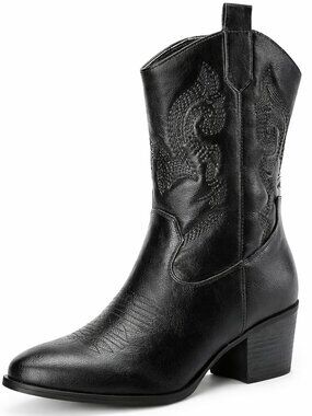 Women's Black Faux Leather Cowgirl Boots With Round Toe Chunky Low Heel Shoes